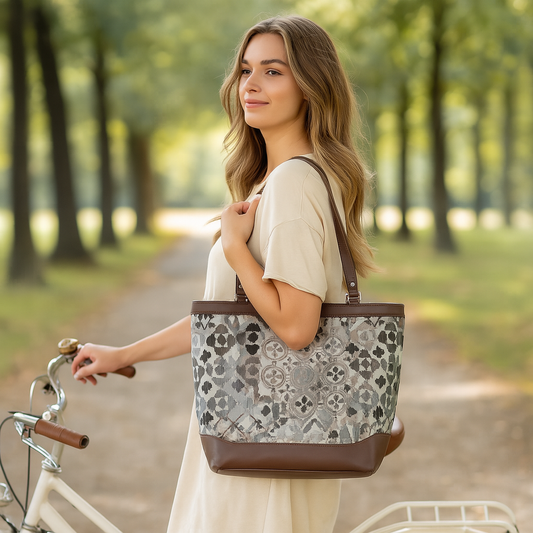 Women’s Abstract Tapestry Tote Bag – Leather-Trimmed Top Handle Shoulder Purse for Travel & Everyday Style