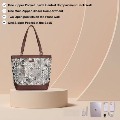 Women’s Abstract Tapestry Tote Bag – Leather-Trimmed Top Handle Shoulder Purse for Travel & Everyday Style