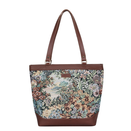 Women’s Botanical Tapestry Tote Bag – Stylish Top Handle Handbag with Leather Accents for Office & Travel