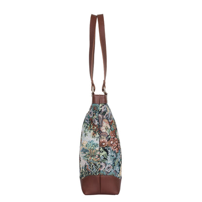 Women’s Botanical Tapestry Tote Bag – Stylish Top Handle Handbag with Leather Accents for Office & Travel