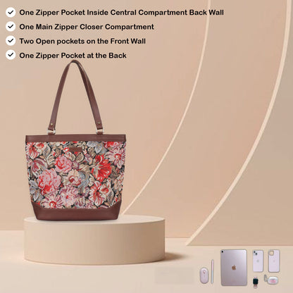 Women’s Floral Tapestry Tote Bag – Leather-Trimmed Shoulder Handbag with Top Handle for Daily Use