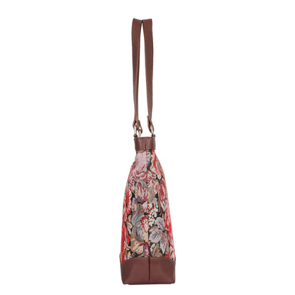 Women’s Floral Tapestry Tote Bag – Leather-Trimmed Shoulder Handbag with Top Handle for Daily Use