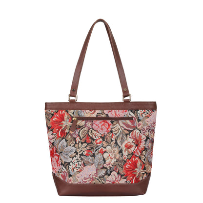Women’s Floral Tapestry Tote Bag – Leather-Trimmed Shoulder Handbag with Top Handle for Daily Use