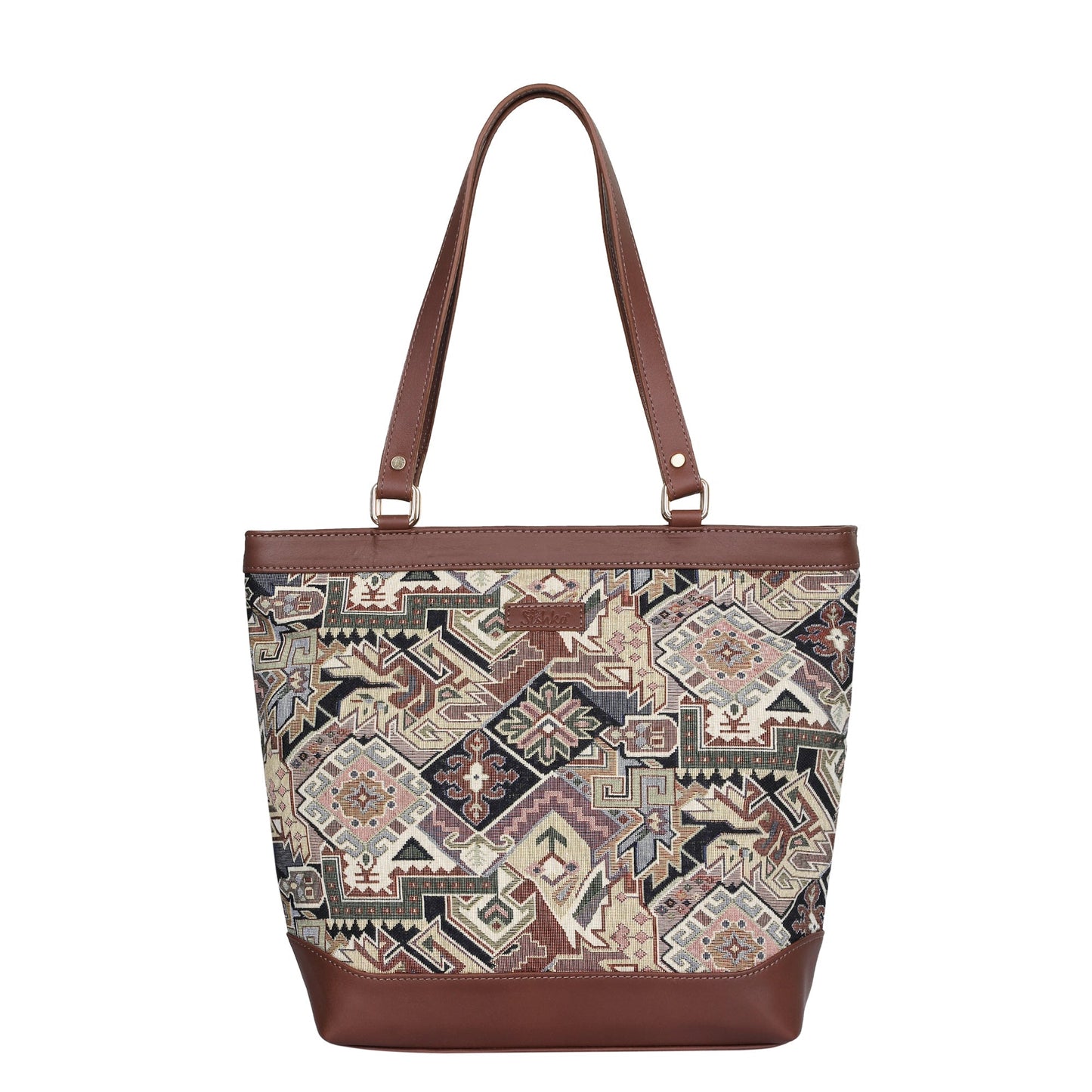 Women’s Geometric Tapestry Tote Bag – Elegant Leather-Trimmed Shoulder Purse with Top Handle for Work & Outings