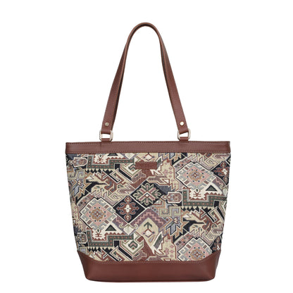 Women’s Geometric Tapestry Tote Bag – Elegant Leather-Trimmed Shoulder Purse with Top Handle for Work & Outings