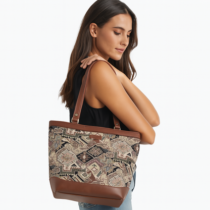 Women’s Geometric Tapestry Tote Bag – Elegant Leather-Trimmed Shoulder Purse with Top Handle for Work & Outings