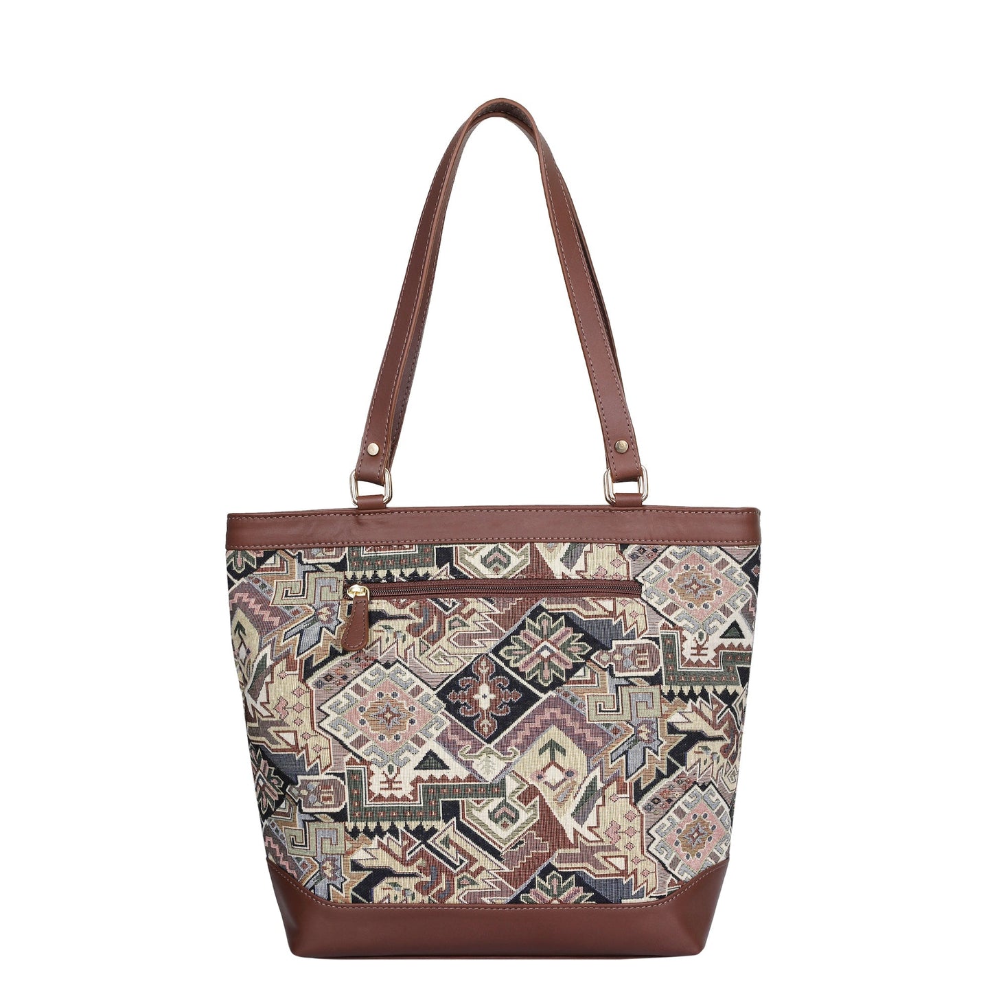 Women’s Geometric Tapestry Tote Bag – Elegant Leather-Trimmed Shoulder Purse with Top Handle for Work & Outings