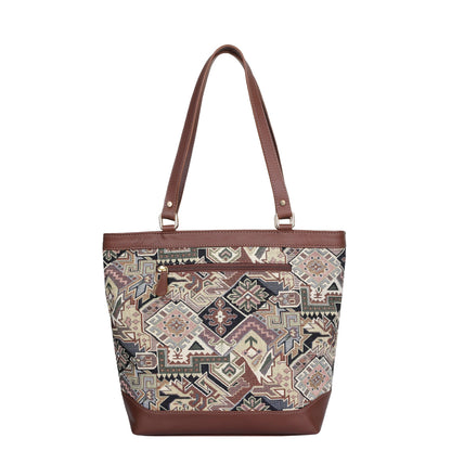 Women’s Geometric Tapestry Tote Bag – Elegant Leather-Trimmed Shoulder Purse with Top Handle for Work & Outings