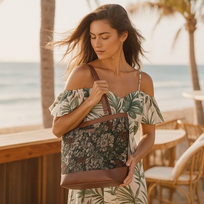 Women’s Vintage Tapestry Tote Bag – Leather-Trimmed Top Handle Shoulder Handbag for Office