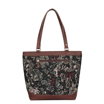 Women’s Vintage Tapestry Tote Bag – Leather-Trimmed Top Handle Shoulder Handbag for Office