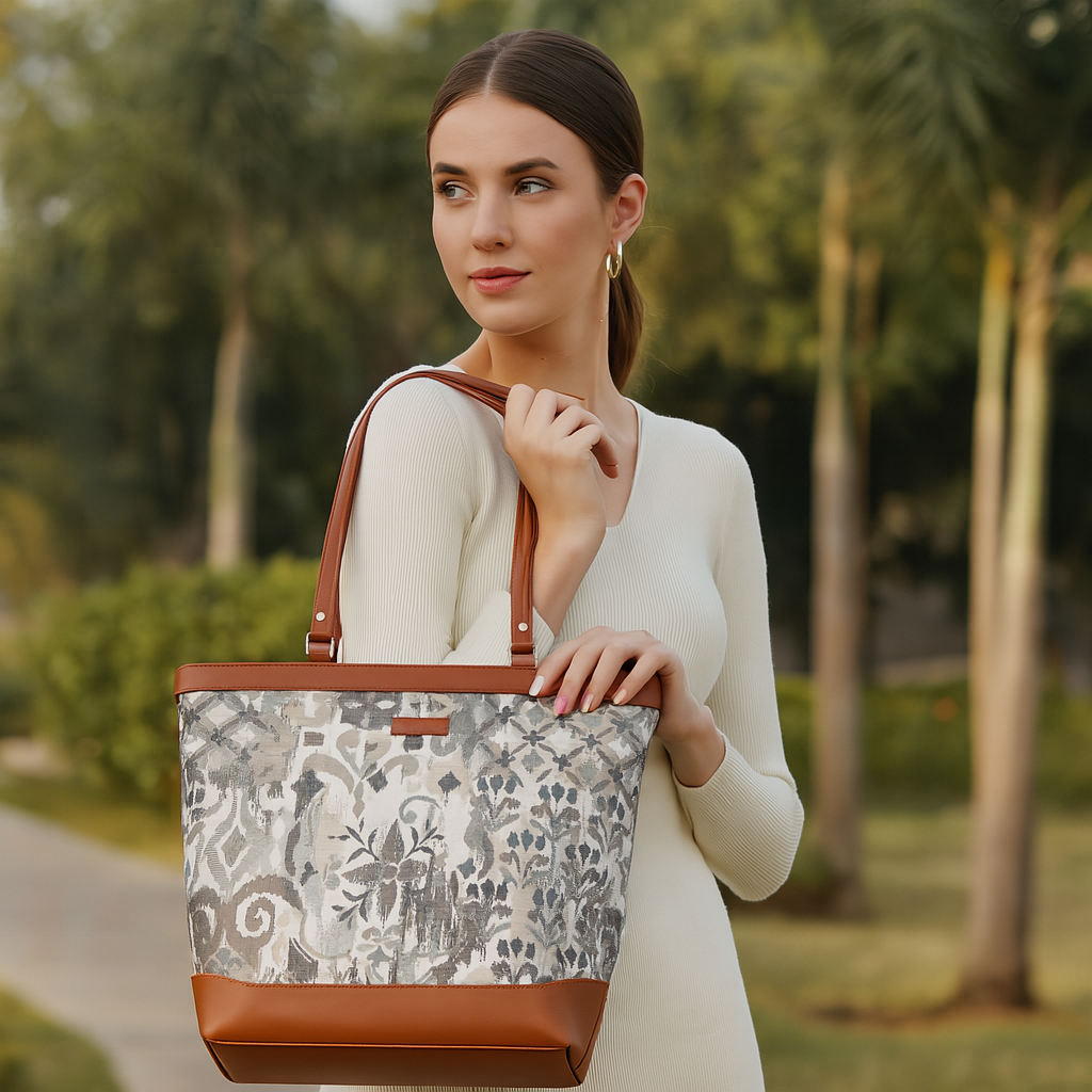 Women’s Abstract Pattern Tapestry Tote Bag – Satchel Purse with Top Handle & Shoulder Strap with Vegan Leather Trim for Daily Use