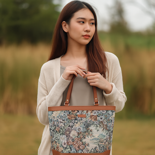 Women’s Botanical Design Tapestry Tote Bag – Vegan Leather Shoulder Satchel with Top Handle for Everyday Carry