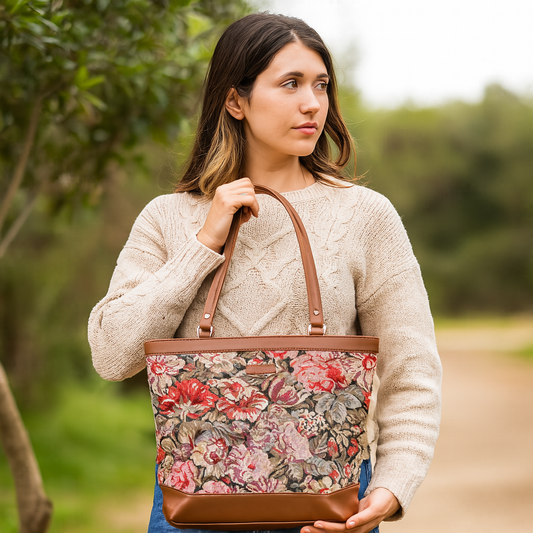 Ladies’ Floral Print Tapestry Tote Bag – Vegan Leather Shoulder Sling Handbag with Top Handle for Casual & Office Wear