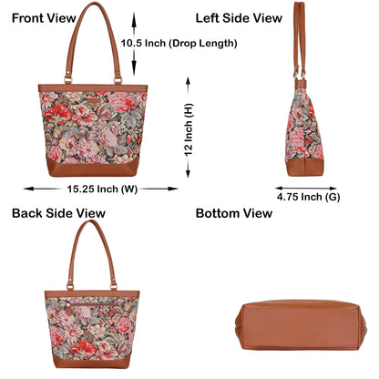 Women Floral Tapestry Tote Bag – Vegan Leather-Trimmed Shoulder Handbag with Top Handle for Daily Use