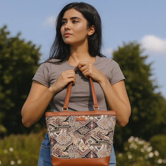 Ladies’ Geometric Tapestry Tote Bag – Vegan Leather-Accented Handbag with Sling Strap & Top Handles for Work & Travel