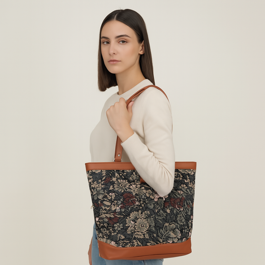 Women’s Vintage Pattern Tapestry Tote Bag – Top Handle Shoulder Satchel with PU Leather Trim for Office & Daily Use