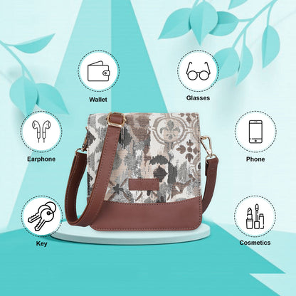 Abstract Tapestry Crossbody Sling Bag – Women’s Shoulder Purse with Genuine Leather Trim