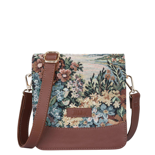 Botanical Tapestry Crossbody Sling Bag – Women’s Shoulder Purse with Leather Trim