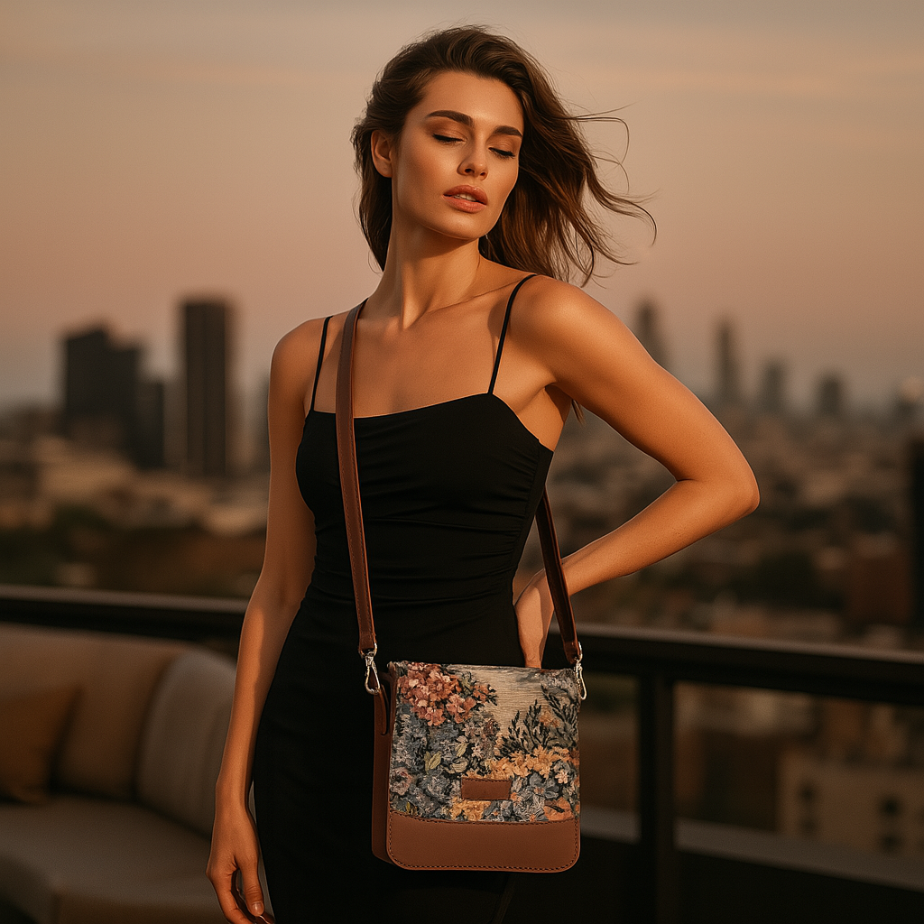 Botanical Tapestry Crossbody Sling Bag – Women’s Shoulder Purse with Leather Trim