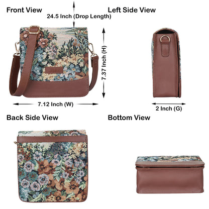 Botanical Tapestry Crossbody Sling Bag – Women’s Shoulder Purse with Leather Trim