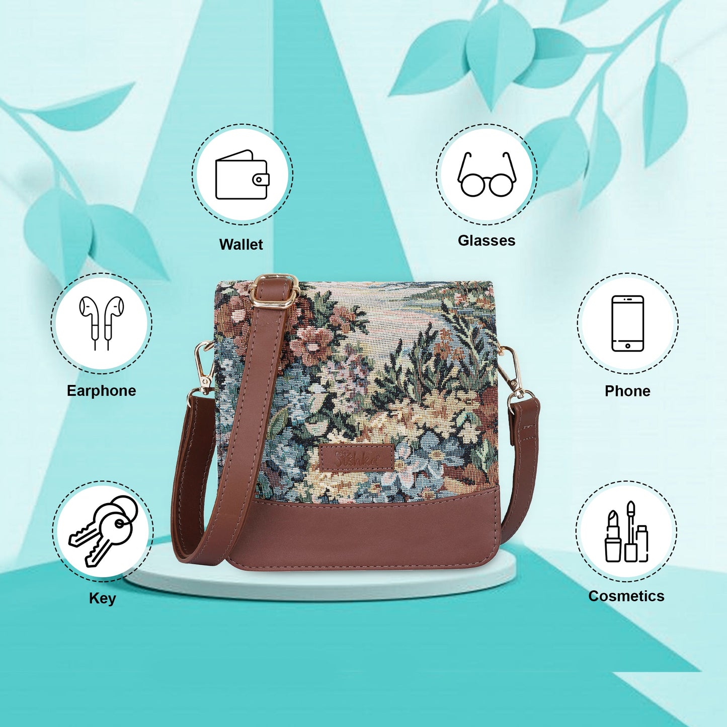 Botanical Tapestry Crossbody Sling Bag – Women’s Shoulder Purse with Leather Trim