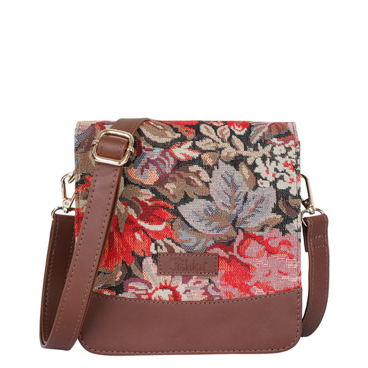 Floral Tapestry Crossbody Bag – Women’s Sling Shoulder Purse with Leather Trim