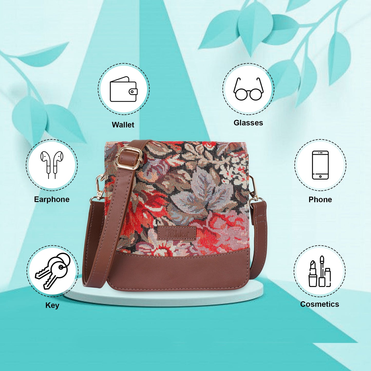 Floral Tapestry Crossbody Bag – Women’s Sling Shoulder Purse with Leather Trim