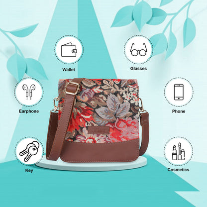 Floral Tapestry Crossbody Bag – Women’s Sling Shoulder Purse with Leather Trim