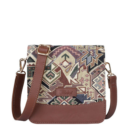 Geometric Tapestry Crossbody Bag – Women’s Sling Shoulder Purse with Genuine Leather Trim