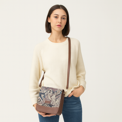 Geometric Tapestry Crossbody Bag – Women’s Sling Shoulder Purse with Genuine Leather Trim