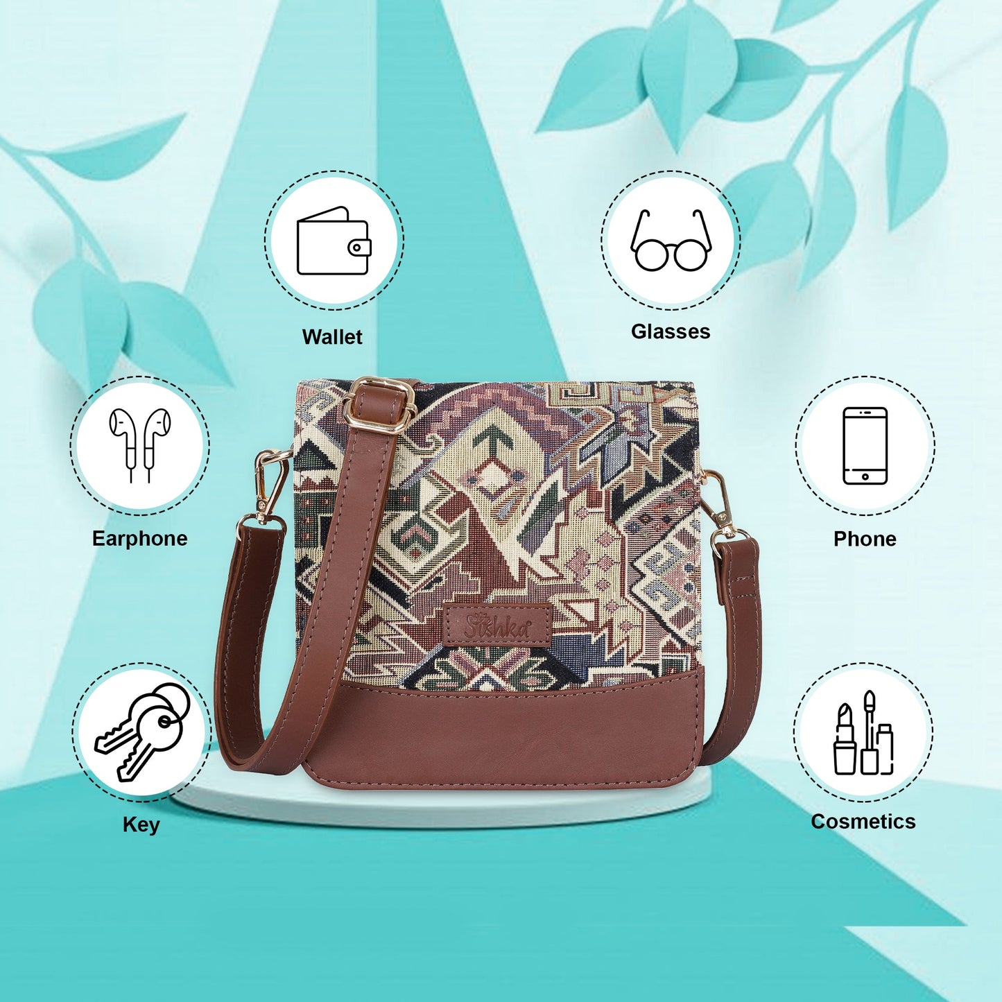 Geometric Tapestry Crossbody Bag – Women’s Sling Shoulder Purse with Genuine Leather Trim