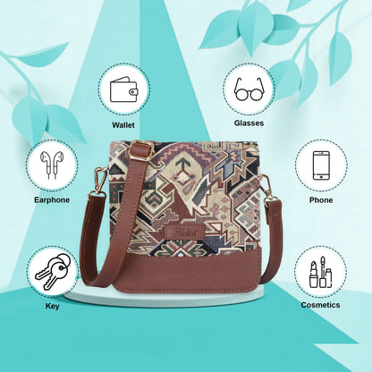 Geometric Tapestry Crossbody Bag – Women’s Sling Shoulder Purse with Genuine Leather Trim