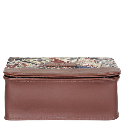 Geometric Tapestry Crossbody Bag – Women’s Sling Shoulder Purse with Genuine Leather Trim