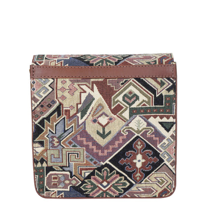 Geometric Tapestry Crossbody Bag – Women’s Sling Shoulder Purse with Genuine Leather Trim