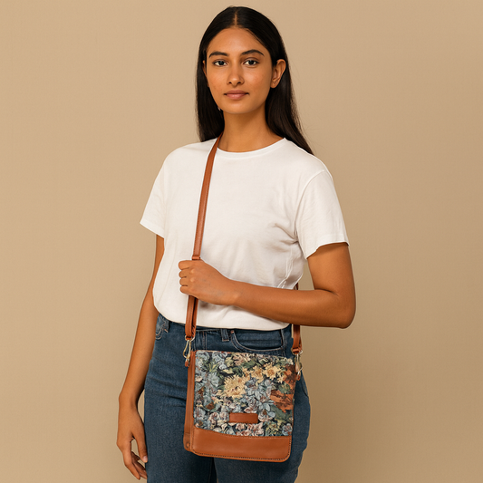 Botanical Tapestry Crossbody Sling Bag – Women Shoulder Purse with Vegan Leather Trim