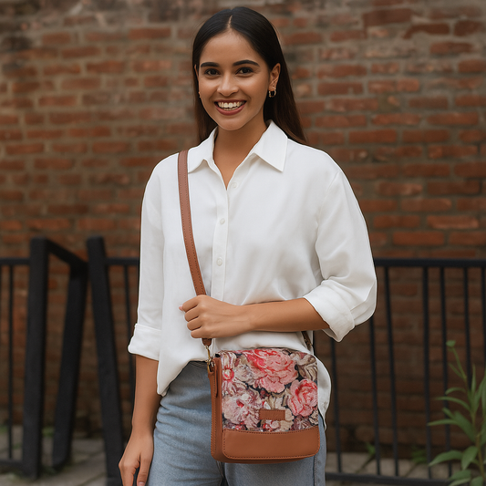 Floral Tapestry Crossbody Bag – Women Sling Shoulder Purse with Vegan Leather Trim
