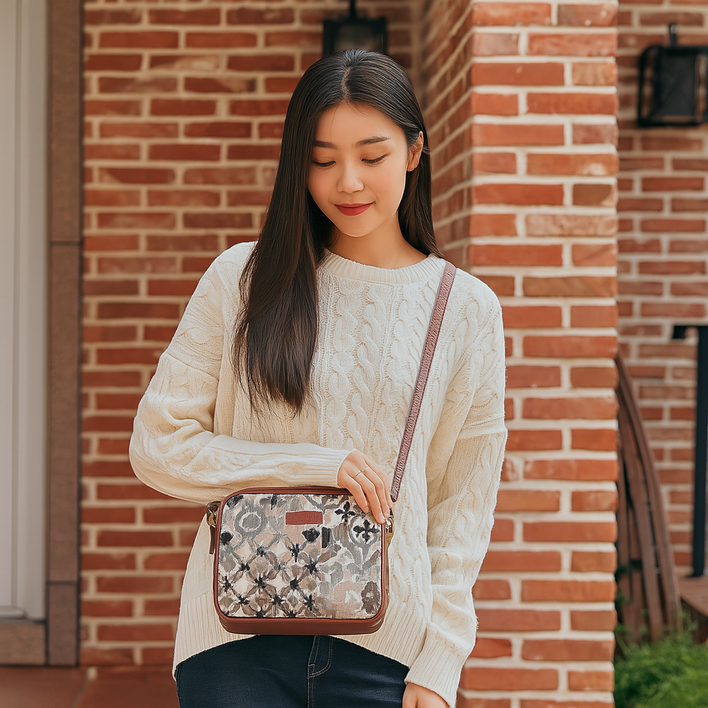 Abstract Design Women’s Tapestry Messenger Bag – Compact Crossbody Purse with Leather Trim & Adjustable Detachable Leather Strap for Casual Wear & Everyday Essentials