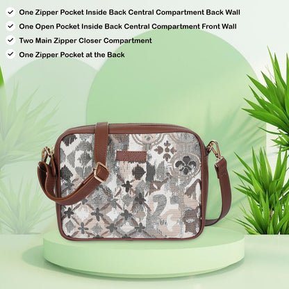 Abstract Design Women’s Tapestry Messenger Bag – Compact Crossbody Purse with Leather Trim & Adjustable Detachable Leather Strap for Casual Wear & Everyday Essentials