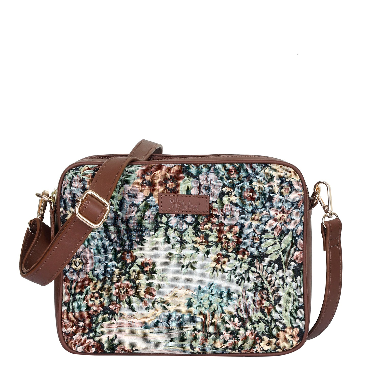 Women’s Botanical Tapestry Crossbody Sling Bag – Vintage Inspired Shoulder Purse with Genuine Leather Trim