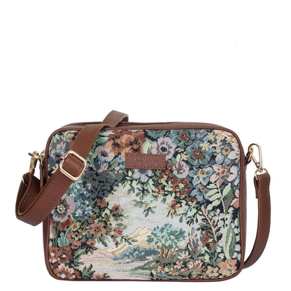 Women’s Botanical Tapestry Crossbody Sling Bag – Vintage Inspired Shoulder Purse with Genuine Leather Trim