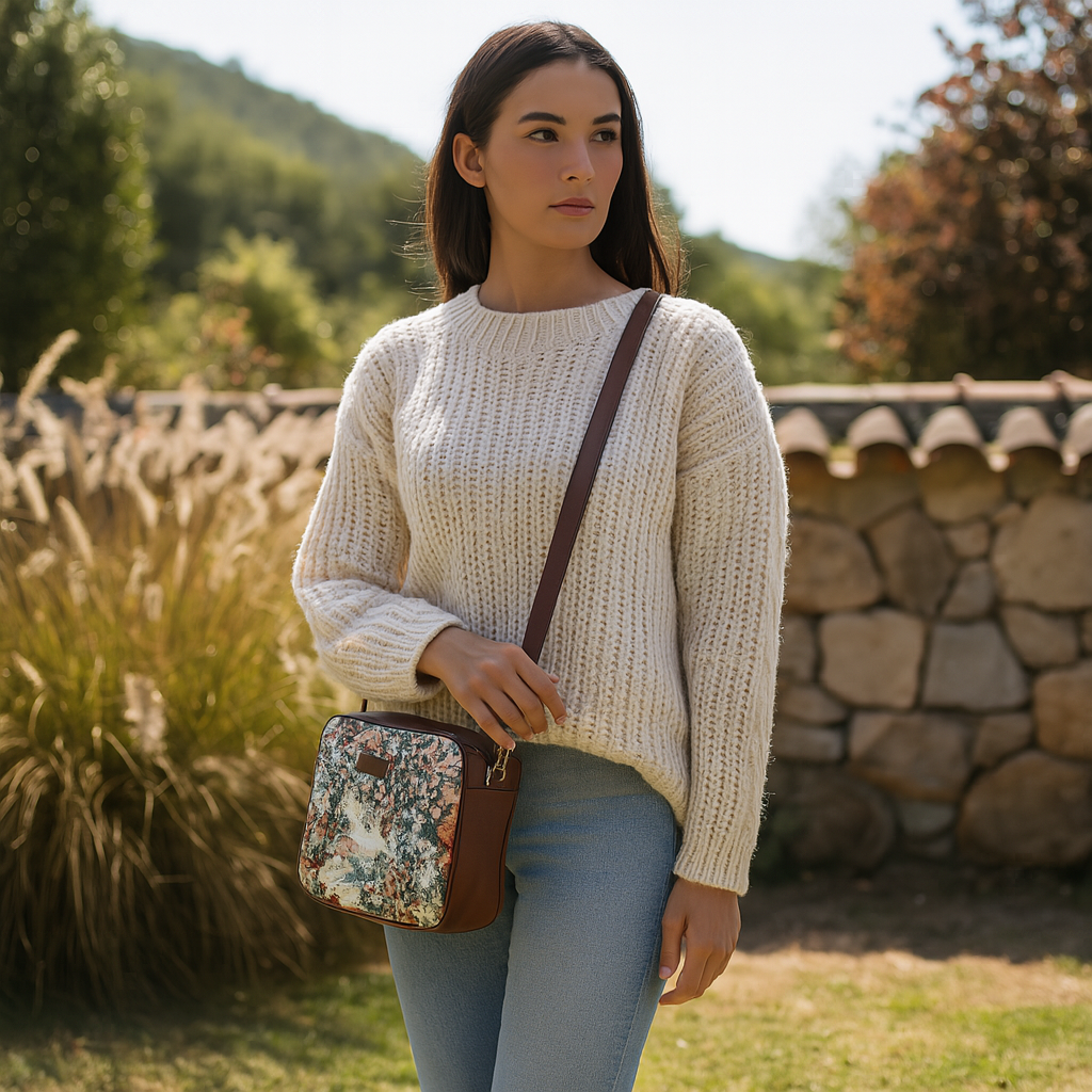 Women’s Botanical Tapestry Crossbody Sling Bag – Vintage Inspired Shoulder Purse with Genuine Leather Trim