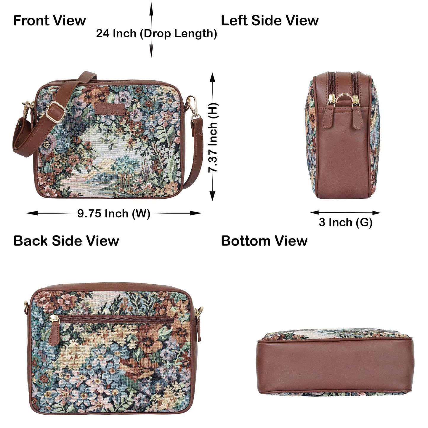 Women’s Botanical Tapestry Crossbody Sling Bag – Vintage Inspired Shoulder Purse with Genuine Leather Trim