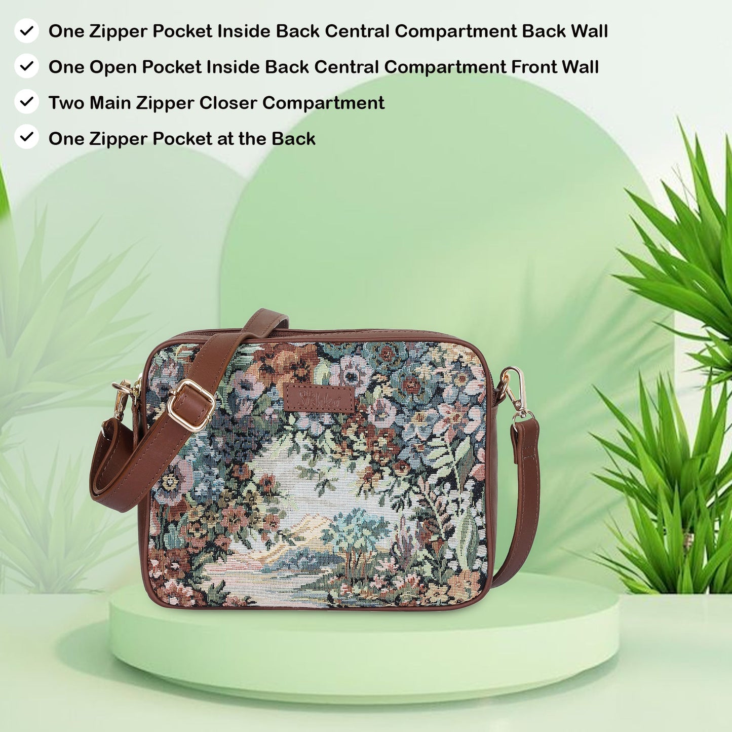 Women’s Botanical Tapestry Crossbody Sling Bag – Vintage Inspired Shoulder Purse with Genuine Leather Trim