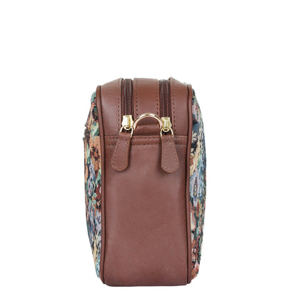 Women’s Botanical Tapestry Crossbody Sling Bag – Vintage Inspired Shoulder Purse with Genuine Leather Trim