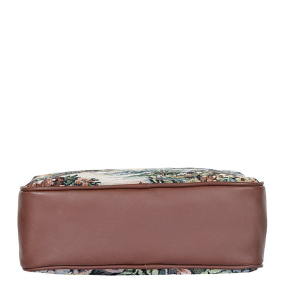 Women’s Botanical Tapestry Crossbody Sling Bag – Vintage Inspired Shoulder Purse with Genuine Leather Trim