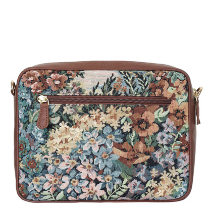 Women’s Botanical Tapestry Crossbody Sling Bag – Vintage Inspired Shoulder Purse with Genuine Leather Trim