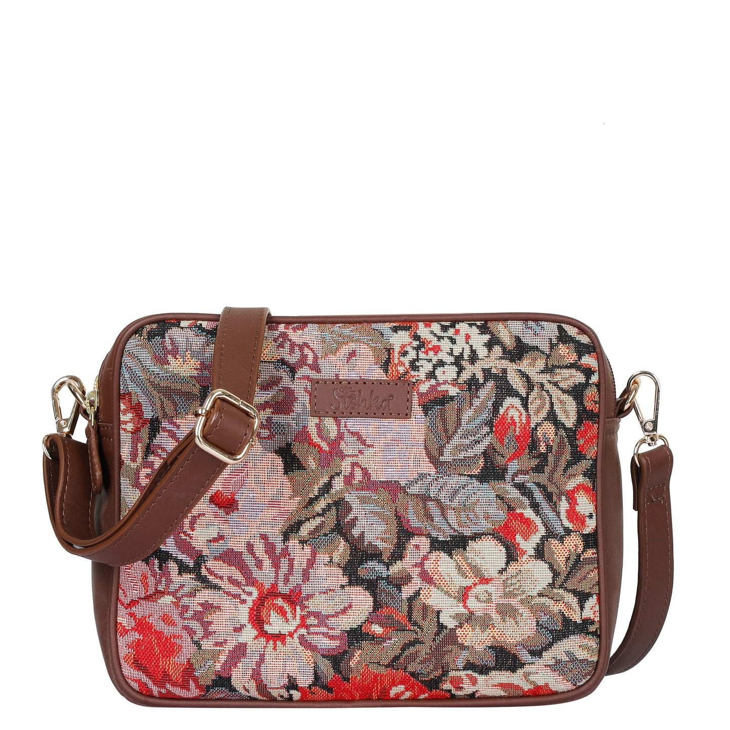 Floral Tapestry Messenger Bag – Women’s Crossbody Sling with Leather Trim