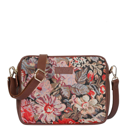 Floral Tapestry Messenger Bag – Women’s Crossbody Sling with Leather Trim