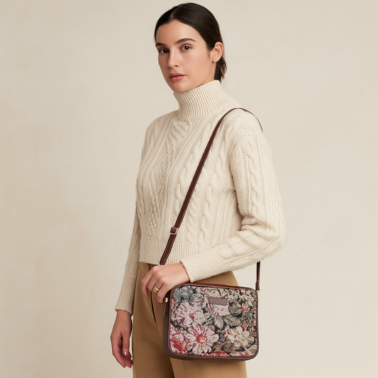 Floral Tapestry Messenger Bag – Women’s Crossbody Sling with Leather Trim