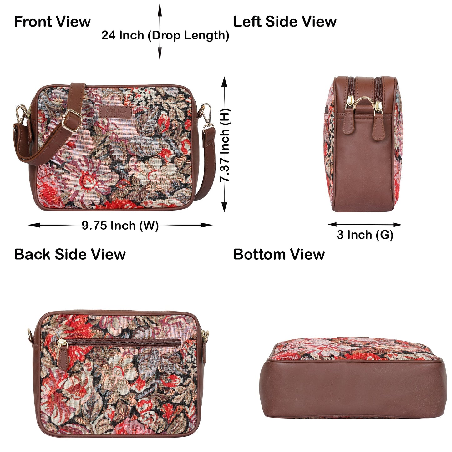 Floral Tapestry Messenger Bag – Women’s Crossbody Sling with Leather Trim